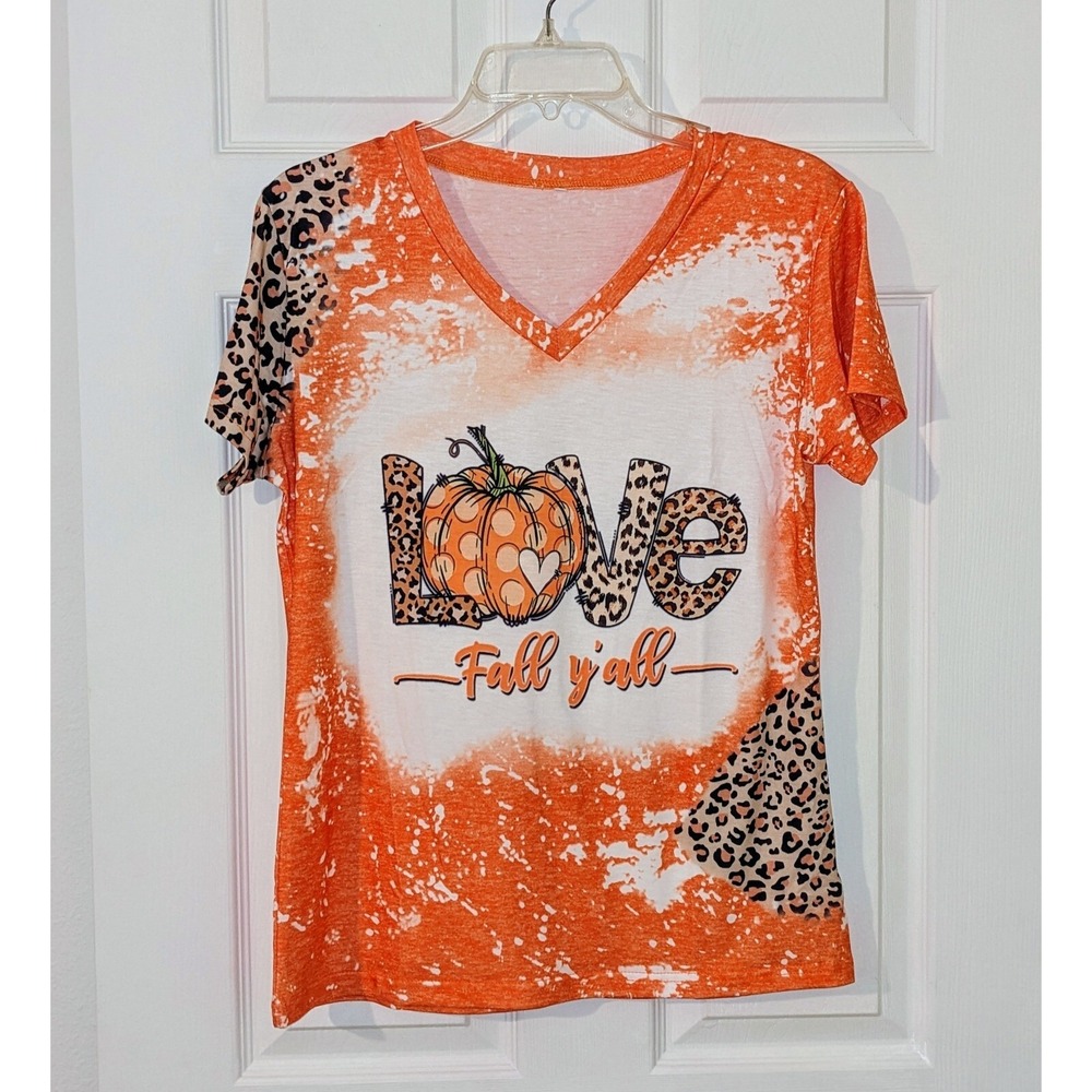 Fall‎ Y'all Love Pumpkin Leopard Print Bleach Dye V-Neck T-Shirt Size S NEW